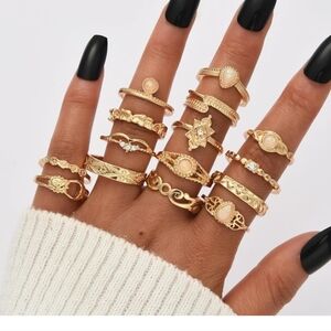 Gold Opal Accent Women's Ring Set - 15 Pack